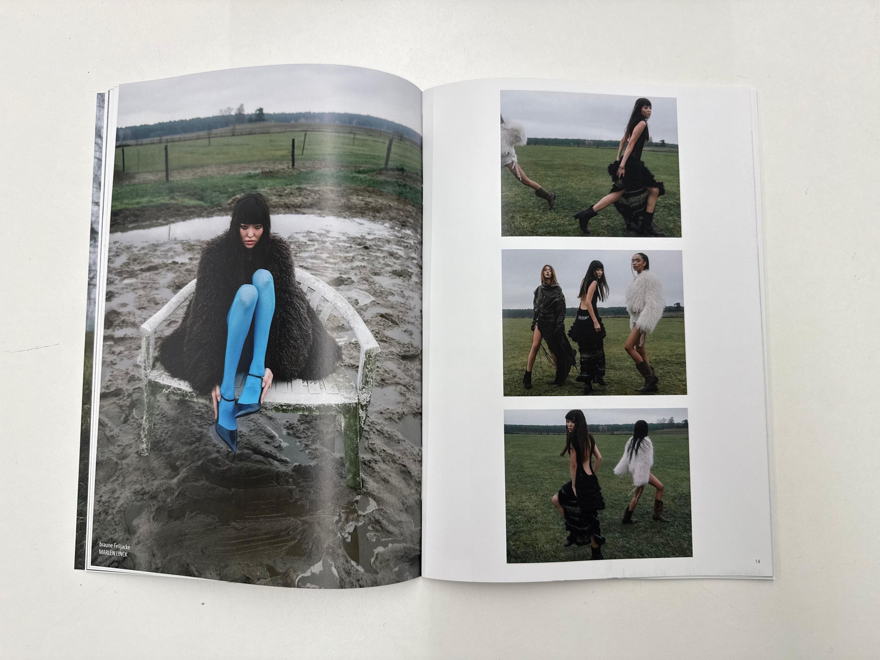 Magazin-Doppelseite mit einer großen Aufnahme im Wasser und drei kleineren Bildern.