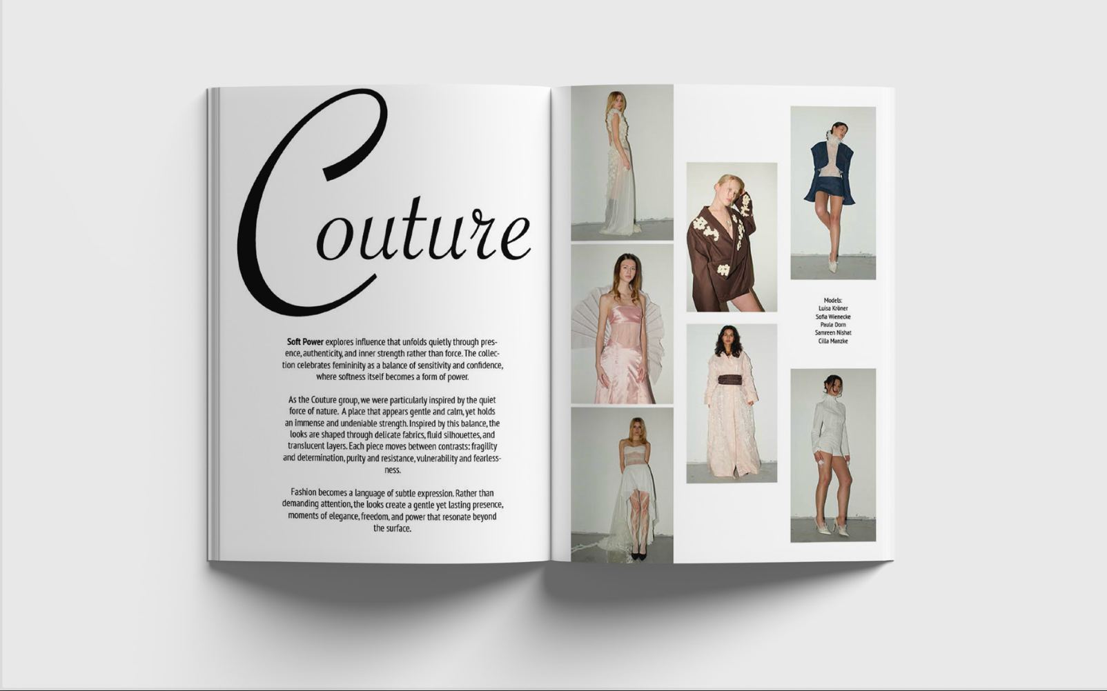 Lookbook-Doppelseite Couture mit Text zur Kollektion und einem Raster kleiner Lookaufnahmen.
