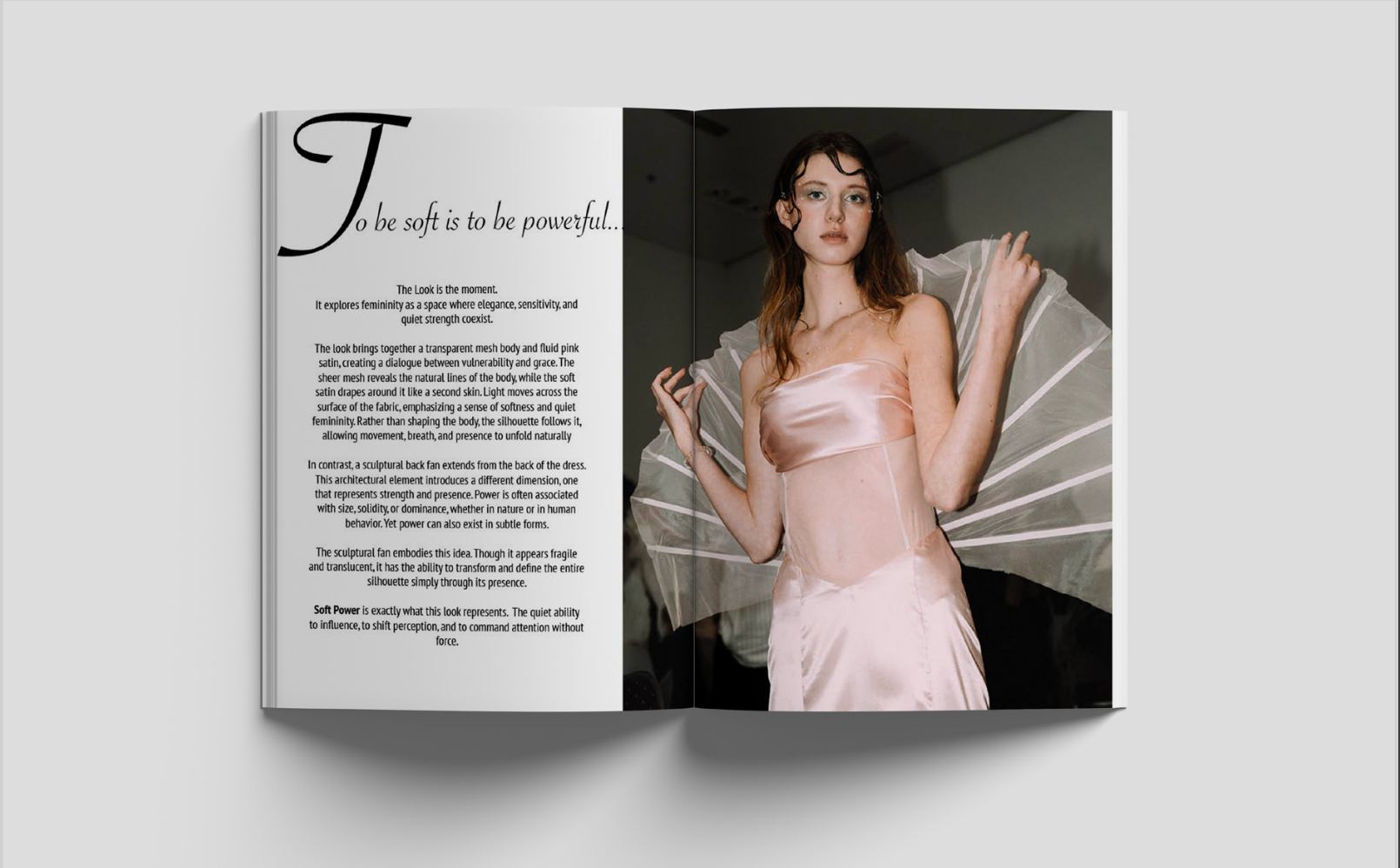 Lookbook-Doppelseite mit der Zeile To be soft is to be powerful neben einer Aufnahme des Looks.